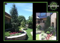 Front yard planting design and installation with stone retaining walls.