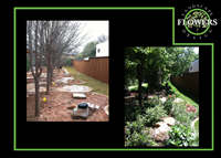 Landscape design and installation with flagstone patio set on crushed limestone, before and after.