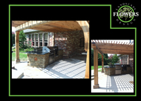 Cedar pergola with stone outdoor kitchen.